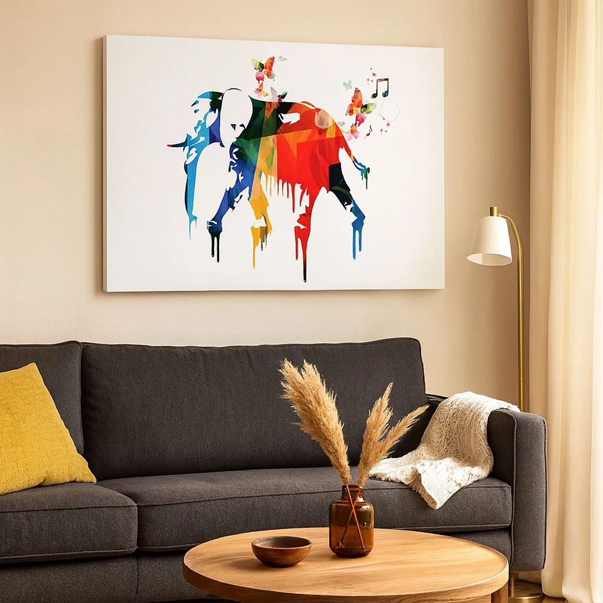 Tablou pe pânză Canvas - Elefant colorat cu fluturi într-un stil geometric modern - 70x50cm - Toată lumea poate dansa - Decorațiune modernă pentru perete pentru living și dormitor ARTTOR