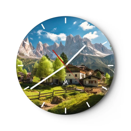 Ceas de perete - Ceas pe sticlă - O așezare rurală la poalele munților într-o zi însorită - 30x30cm - Idilă alpină - Decorațiune modernă pentru perete pentru living, bucătărie și dormitor ARTTOR