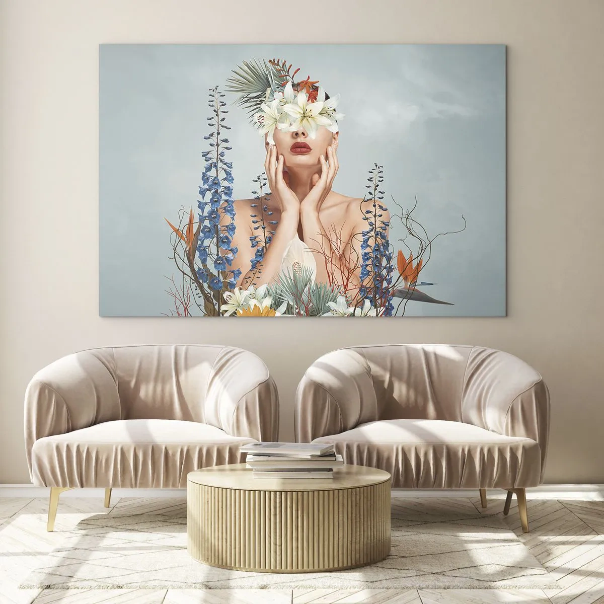 Tablou pe sticlă - Figură de femeie cu coroană de flori și aranjament floral - 70x50cm - Femeia floare - Decorațiune modernă pentru perete pentru living și dormitor ARTTOR