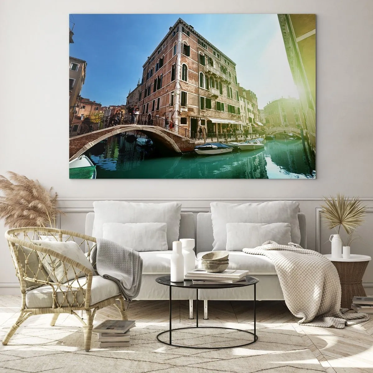 Tablou pe sticlă - Veneția cu canal, pod și clădiri istorice - 70x50cm - Veneția - Amore Mio - Decorațiune modernă pentru perete pentru living și dormitor ARTTOR