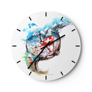Ceas de perete - Ceas pe sticlă - Peisaj elvețian cu munți, steag și case pitorești în stil acuarelă - 30x30cm - Spiritul Elveției - Decorațiune modernă pentru perete pentru living, bucătărie și dormitor ARTTOR