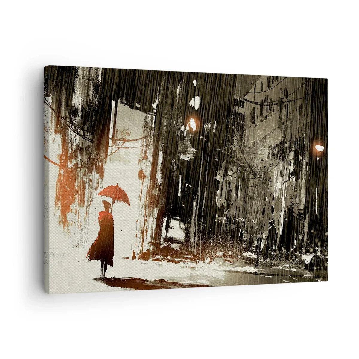 Tablou pe pânză Canvas - figură roșie cu o umbrelă într-o scenă ploioasă - 70x50cm - Poezia umbrelei roșii - Decorațiune modernă pentru perete pentru living și dormitor ARTTOR