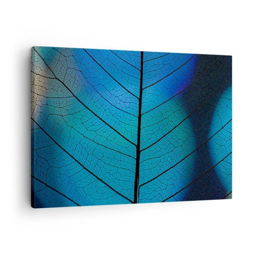 Tablou pe pânză Canvas - Prim-plan al unei frunze albastre cu detalii vizibile ale venelor - 70x50cm - Construcție de finețe - Decorațiune modernă pentru perete pentru living și dormitor ARTTOR