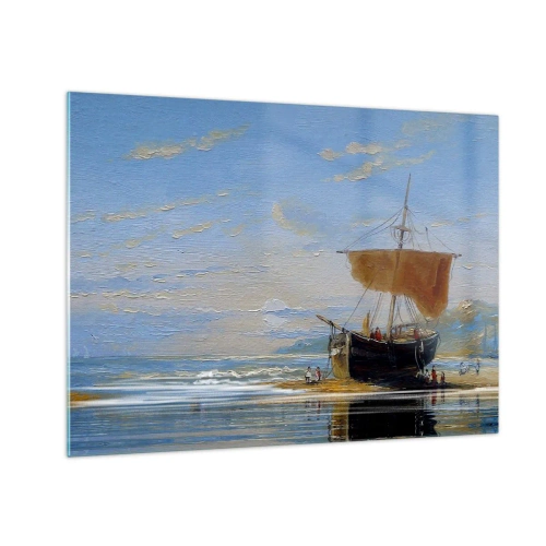Tablou pe sticlă - O navă cu o velă lângă țărm într-un stil pictural - 70x50cm - Apă, pământ, aer - Decorațiune modernă pentru perete pentru living și dormitor ARTTOR