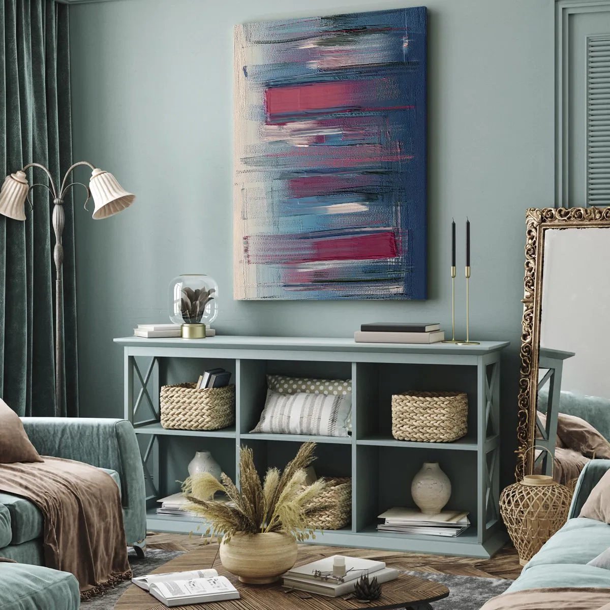 Tablou pe pânză - Compoziție verticală în albastru și roșu - 55x100 cm