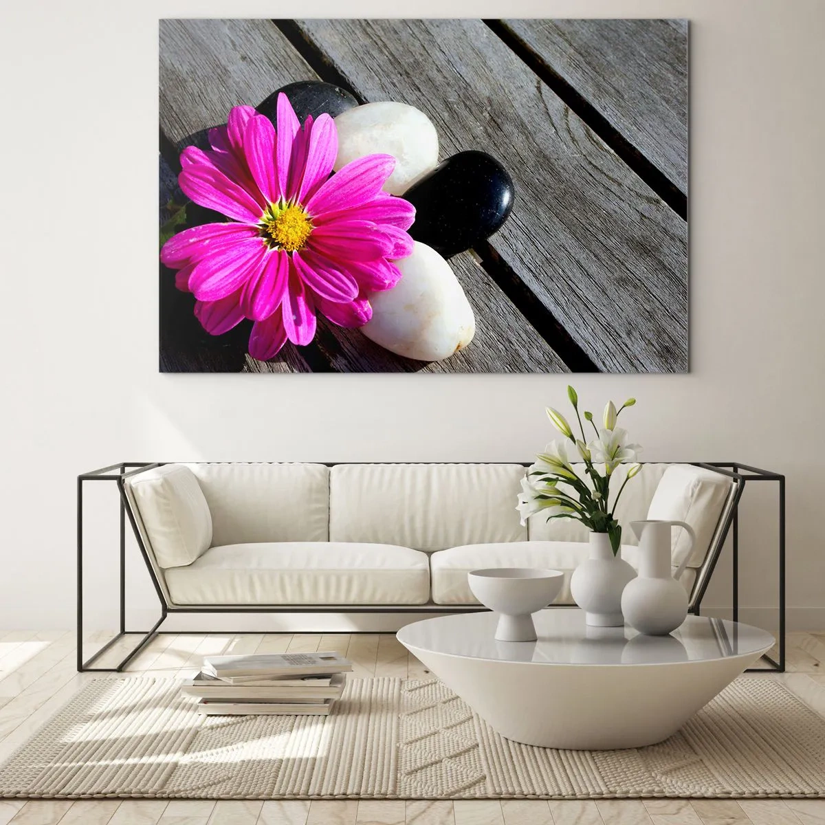 Tablou pe sticlă - Floare roz cu pietre pe un fundal de lemn - 70x50cm - Odihnă pe dig - Decorațiune modernă pentru perete pentru living și dormitor ARTTOR