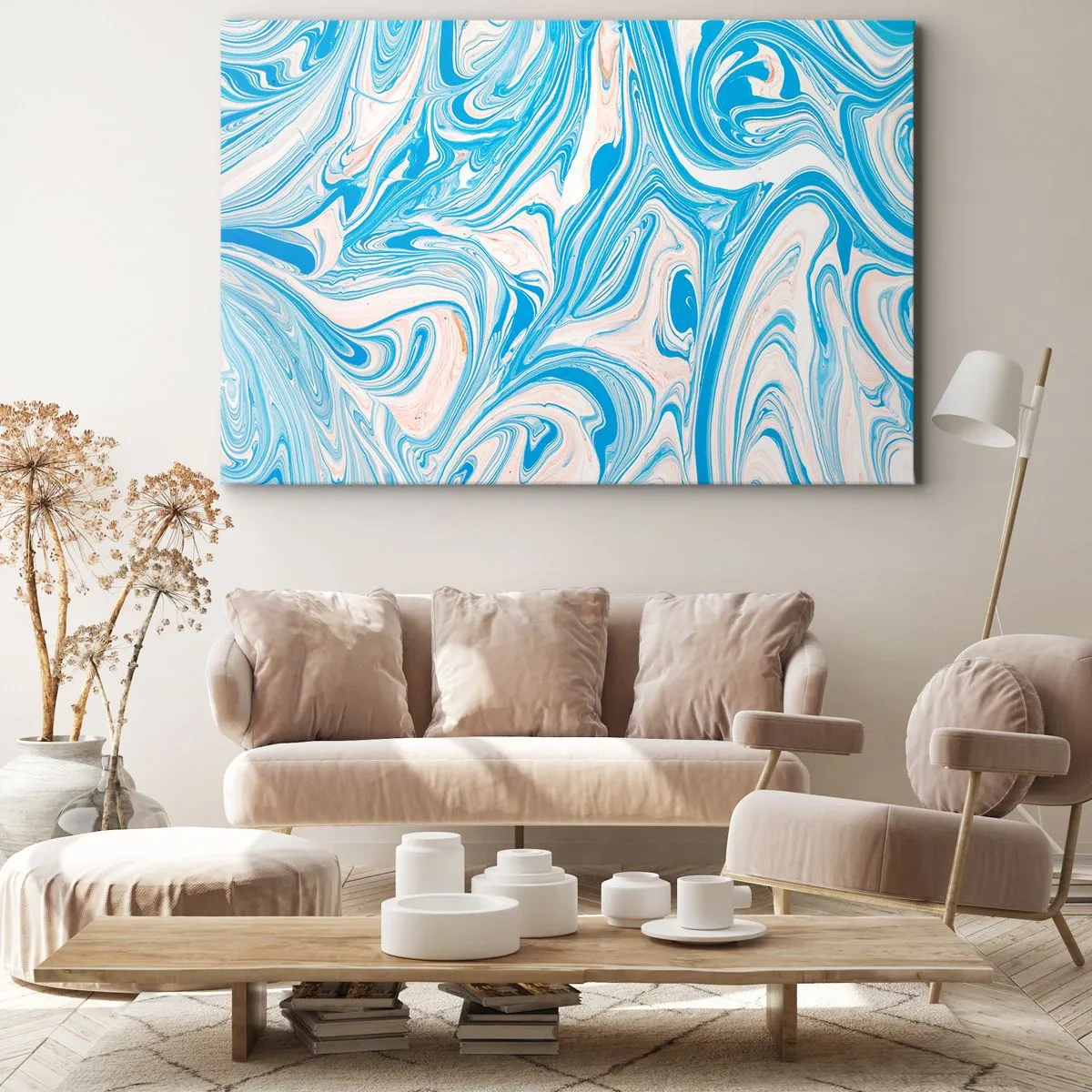 Tablou pe pânză Canvas - Vârtejuri abstracte în stil marmoră albastră și albă - 70x50cm - Splash în turcoaz - Decorațiune modernă pentru perete pentru living și dormitor ARTTOR