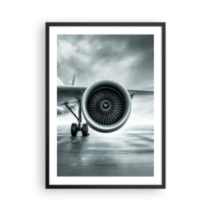 Poster în ramă neagră - Un motor cu reacție de avion în tonuri monocrome - 50x70cm - Ce putere! - Decorațiune modernă pentru perete pentru living și dormitor ARTTOR