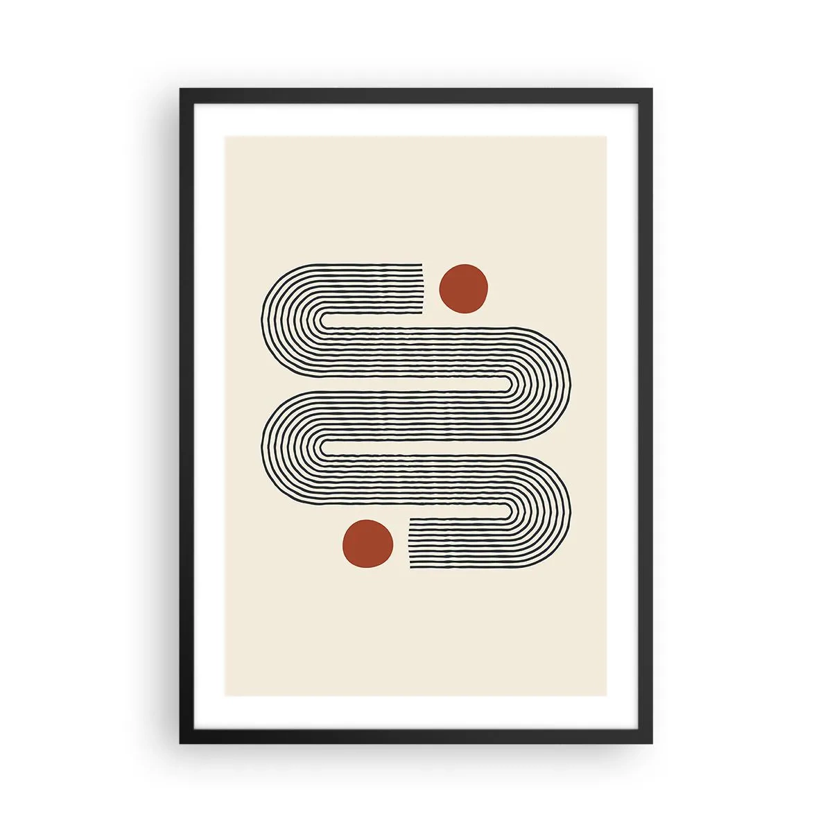 Poster în ramă neagră - Model geometric cu linii și cercuri roșii - 50x70cm - De la început până la sfârșit - Decorațiune modernă pentru perete pentru living și dormitor ARTTOR