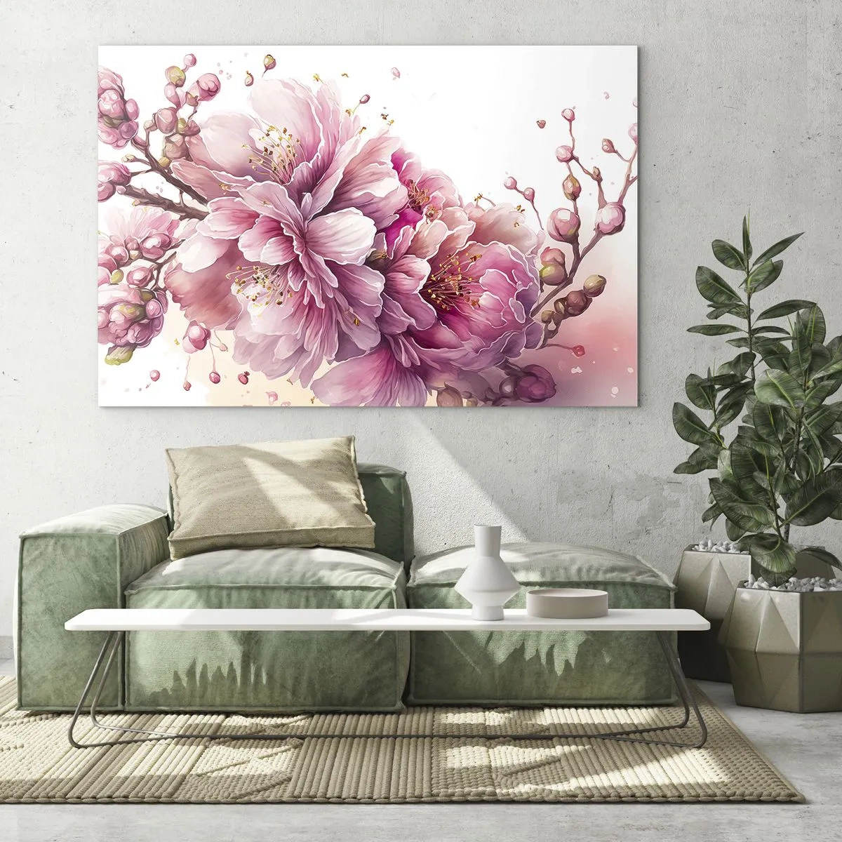 Tablou pe sticlă - Flori de cireș roz în plină floare pe un fundal luminos - 70x50cm - Flori de cireș - Decorațiune modernă pentru perete pentru living și dormitor ARTTOR