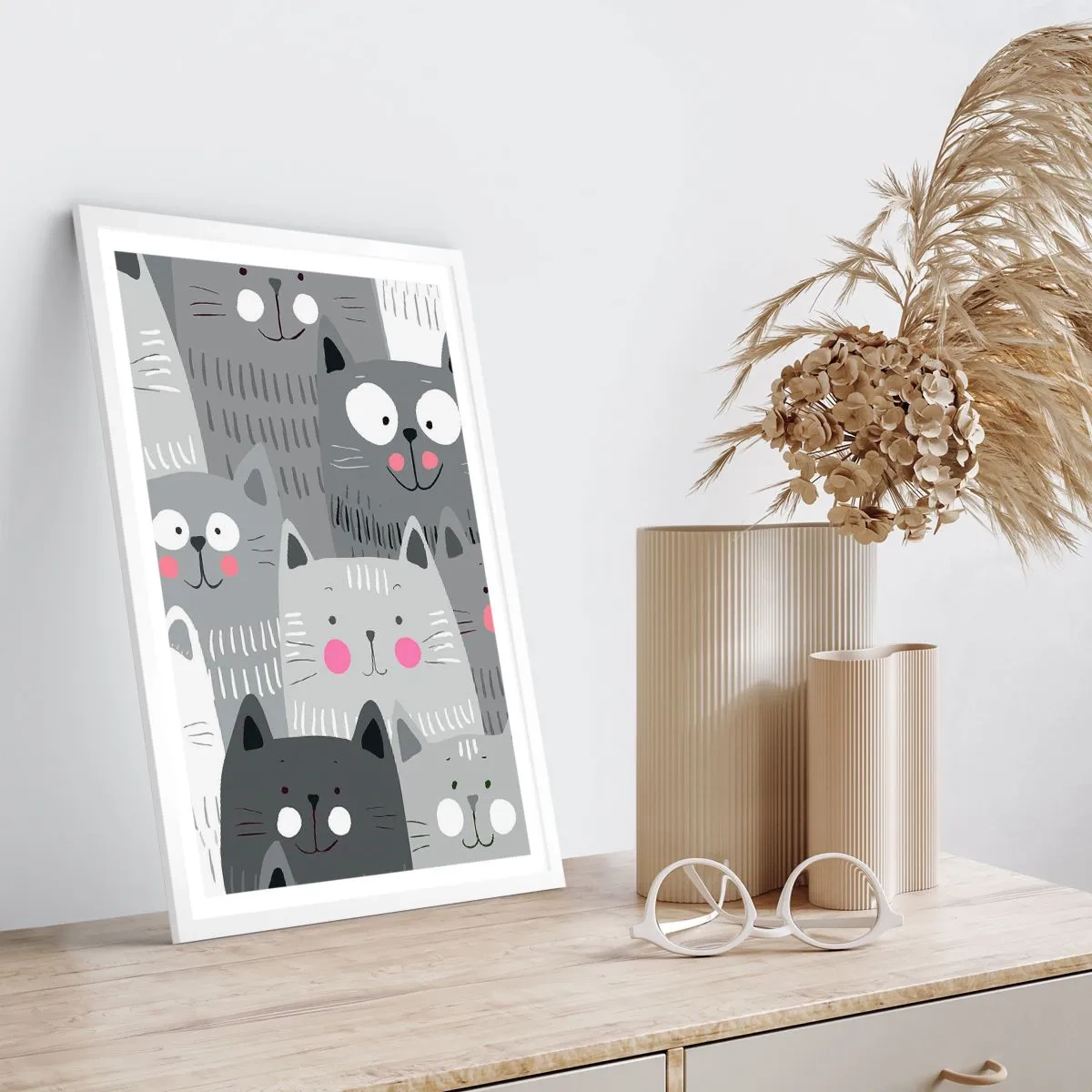 Poster în ramă albă - Lumea felină - 70x100 cm
