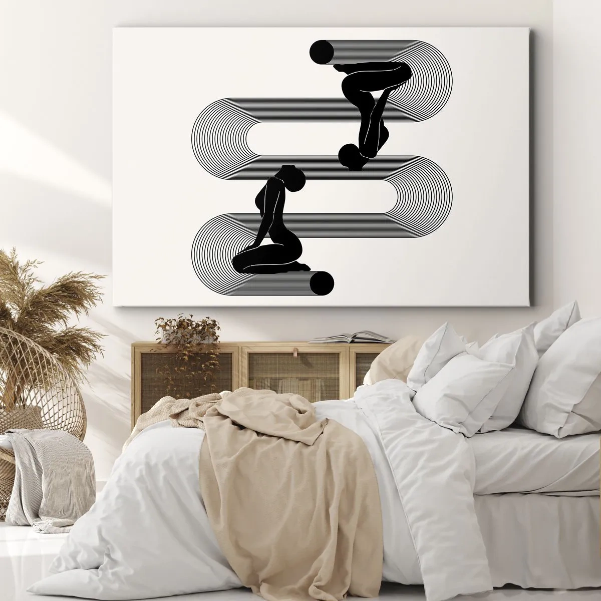 Tablou pe pânză Canvas - Siluete negre cu linii geometrice pe un fundal deschis - 70x50cm - Simetrie senzuală - Decorațiune modernă pentru perete pentru living și dormitor ARTTOR