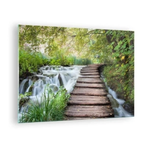 Tablou pe sticlă - Un pod în pădure peste un pârâu - 70x50cm - Nu este deloc o apă liniștită - Decorațiune modernă pentru perete pentru living și dormitor ARTTOR