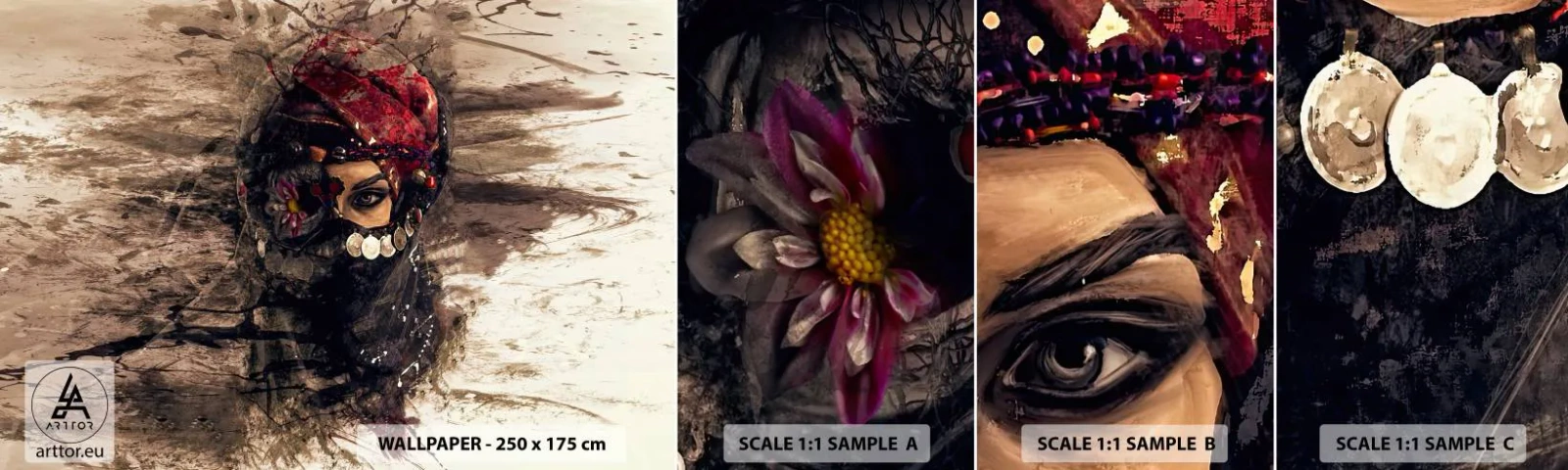 Mostră tapet autocolant Deluxe Sticker - Cel puțin îngrijător - Abstracția, Chipul de femeie, Simboluri orientale - 100x30 cm