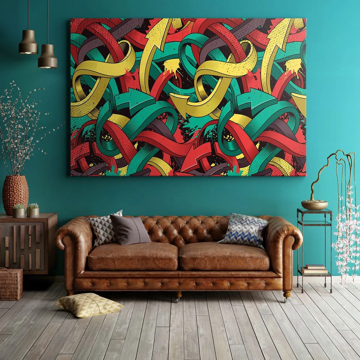 Tablou pe pânză Canvas - Săgeți abstracte în culori vibrante creând haos - 70x50cm - Pe unde să mergem? - Decorațiune modernă pentru perete pentru living și dormitor ARTTOR