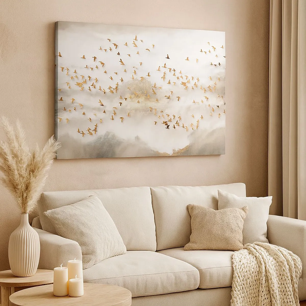 Tablou pe pânză Canvas - Păsări aurii pe fundalul munților încețoșați - 70x50cm - A sosit timpul... - Decorațiune modernă pentru perete pentru living și dormitor ARTTOR