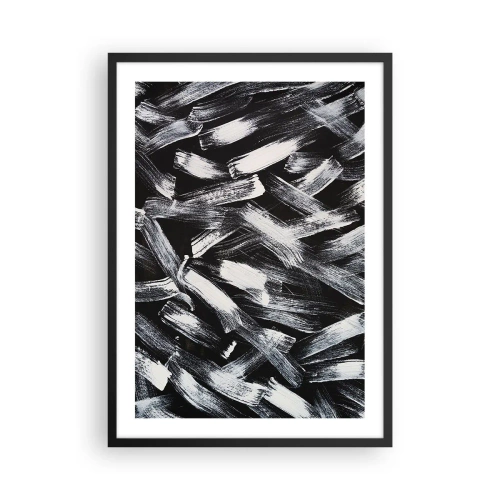 Poster în ramă neagră - Tușe albe abstracte de pensulă pe fundal negru - 50x70cm - Abstracție în spirit industrial - Decorațiune modernă pentru perete pentru living și dormitor ARTTOR