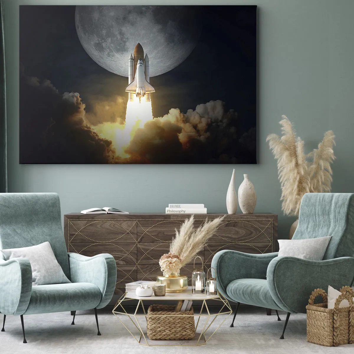 Tablou pe pânză Canvas - O rachetă decolând pe fundalul unei luni pline înconjurată de nori dinamici. - 70x50cm - Începutul unei aventuri nepământene - Decorațiune modernă pentru perete pentru living și dormitor ARTTOR