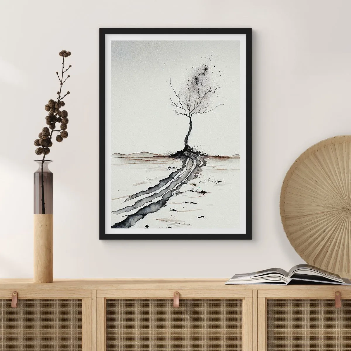 Poster în ramă neagră - Un copac minimalist cu rădăcini abstracte - 50x70cm - Melancolie de iarnă - Decorațiune modernă pentru perete pentru living și dormitor ARTTOR