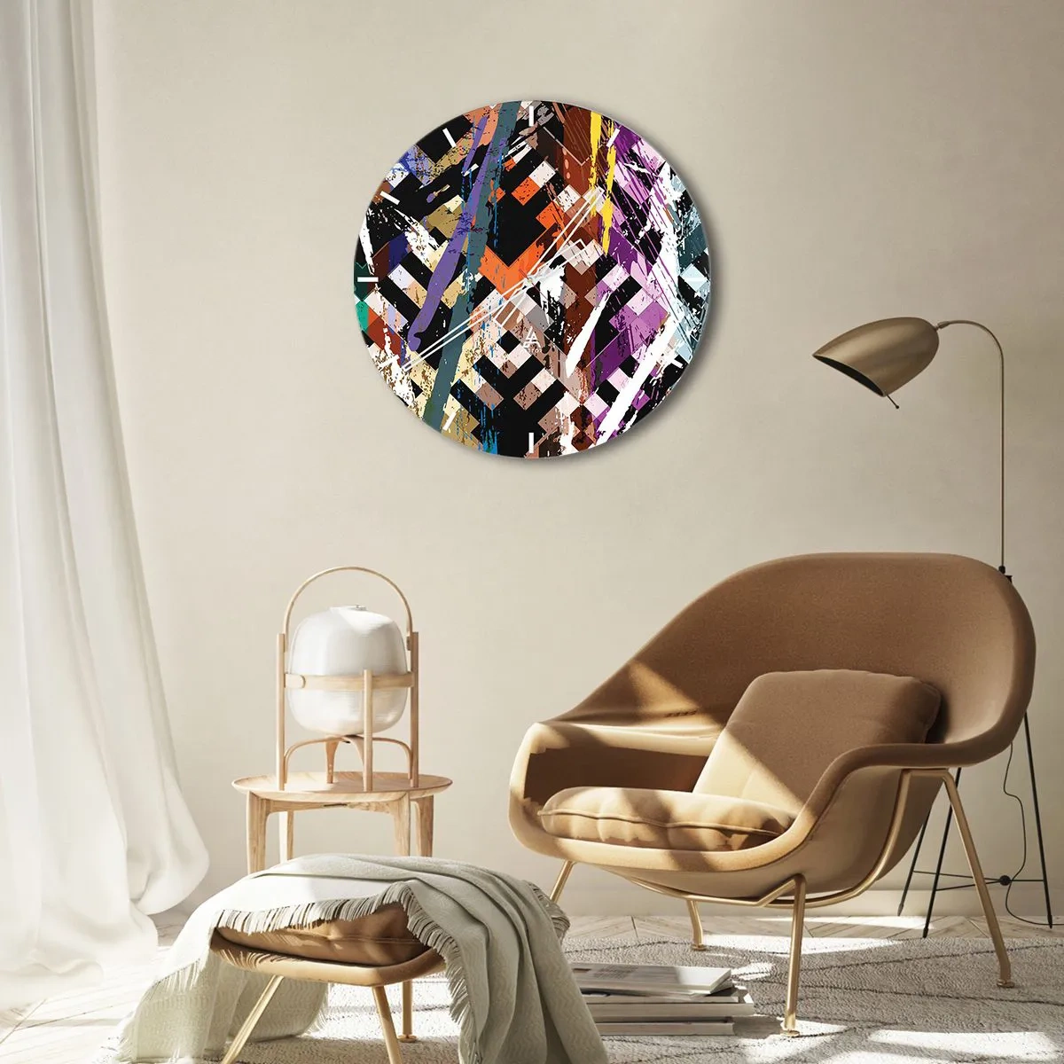 Ceas de perete - Ceas pe sticlă - Modele geometrice în culori intense cu efect abstract - 30x30cm - La pătrat - Decorațiune modernă pentru perete pentru living, bucătărie și dormitor ARTTOR