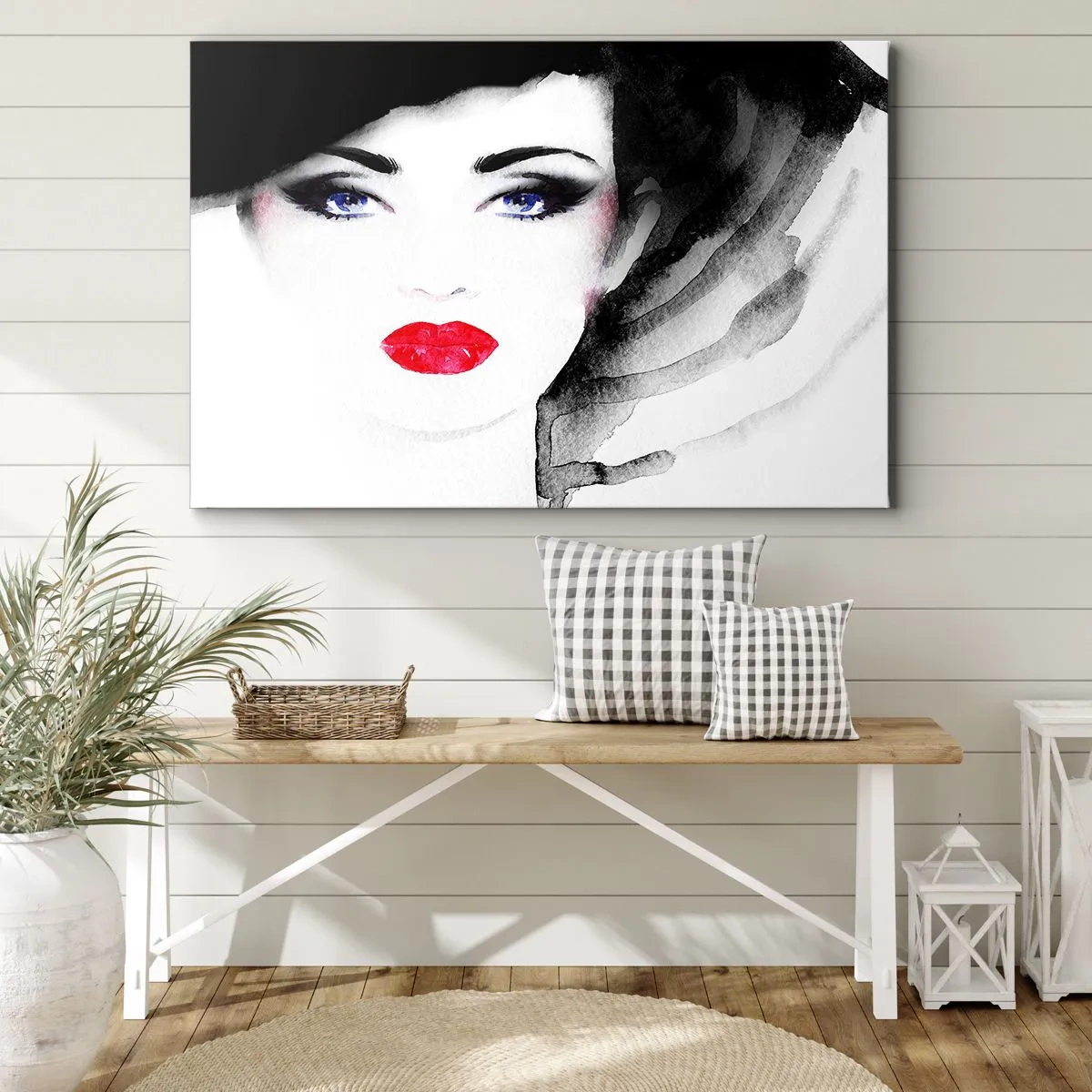 Tablou pe pânză Canvas - Portretul unei femei cu buze roșii și ochi albaștri intensi - 70x50cm - Respinge și cheamă - Decorațiune modernă pentru perete pentru living și dormitor ARTTOR