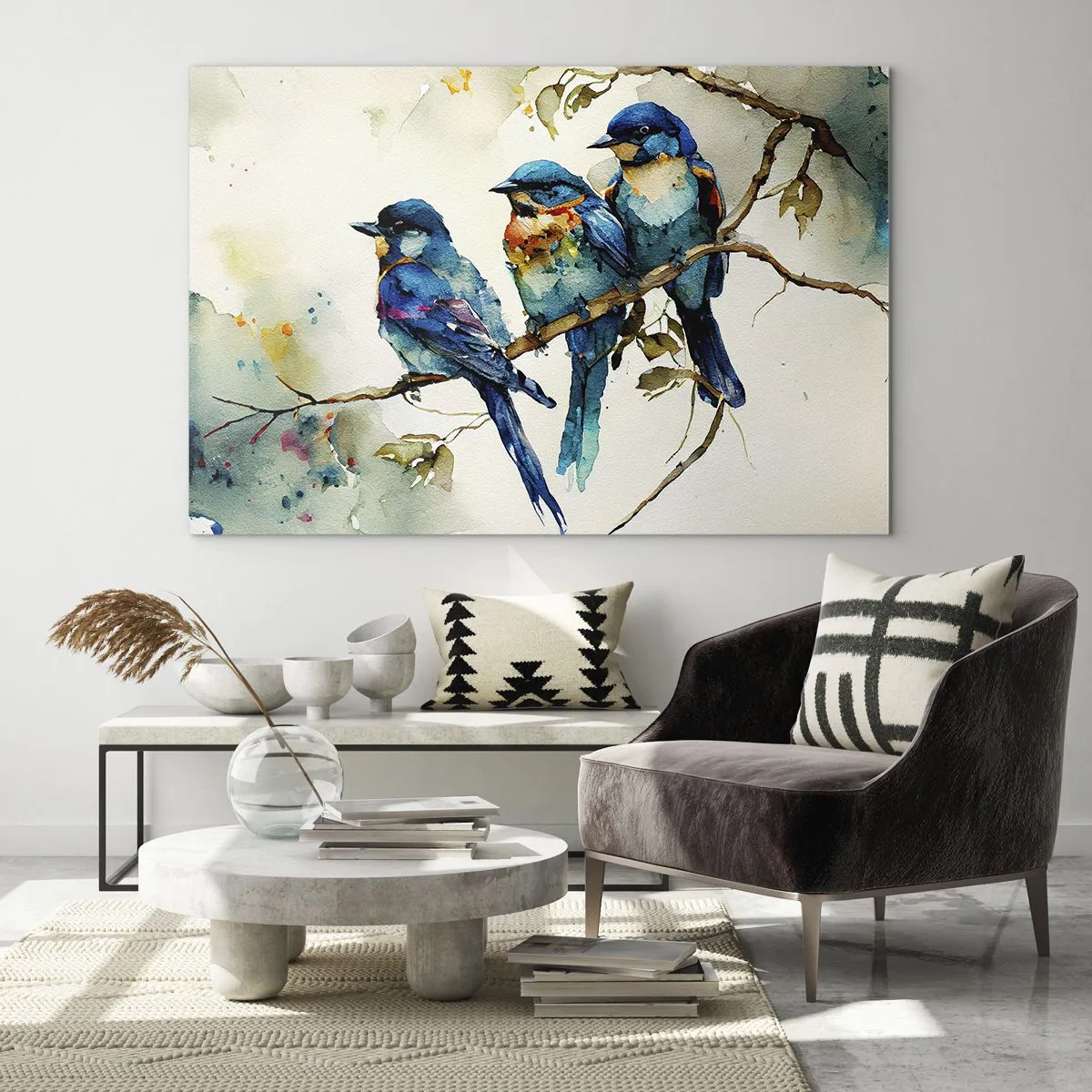 Tablou pe sticlă - Păsări colorate așezate pe o creangă în acuarelă - 70x50cm - Se simte jignit? - Decorațiune modernă pentru perete pentru living și dormitor ARTTOR