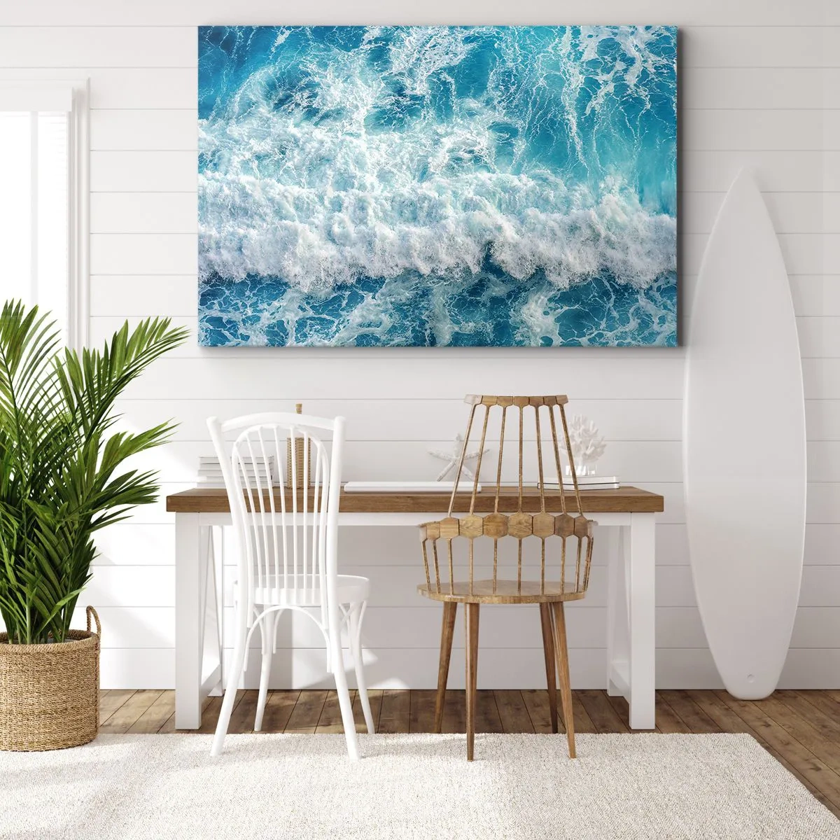 Tablou pe pânză Canvas - Valuri dinamice ale oceanului în nuanțe de albastru - 70x50cm - Cu bucurie și în salturi - Decorațiune modernă pentru perete pentru living și dormitor ARTTOR