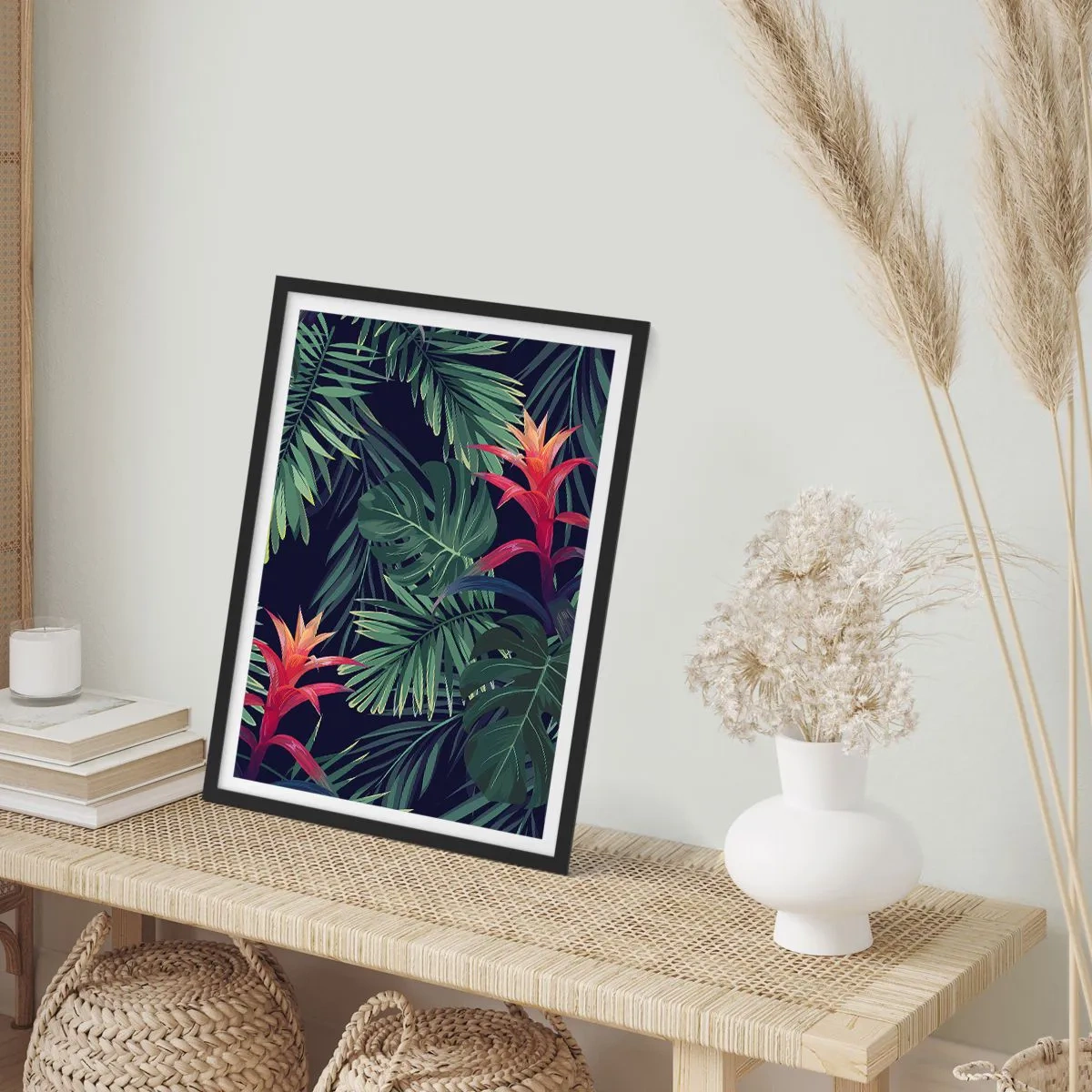 Poster în ramă neagră - Frunze și flori tropicale pe un fundal întunecat - 50x70cm - Flacăra verde - Decorațiune modernă pentru perete pentru living și dormitor ARTTOR