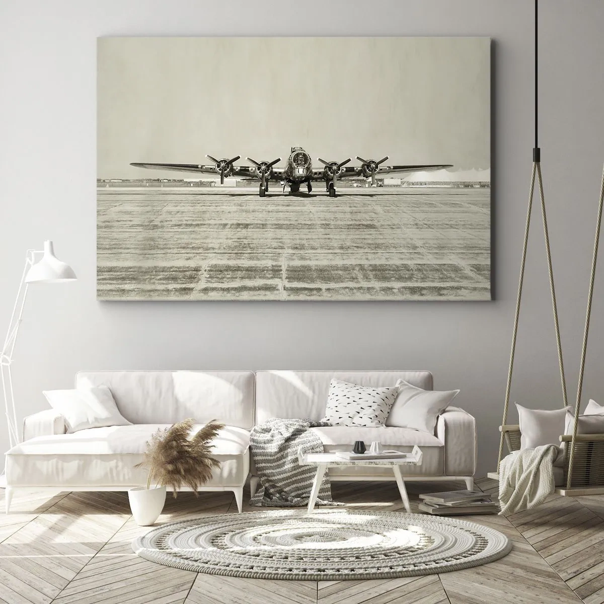 Tablou pe pânză Canvas - Avion istoric la aeroport în sepia - 70x50cm - Pregătit, ca întotdeauna - Decorațiune modernă pentru perete pentru living și dormitor ARTTOR