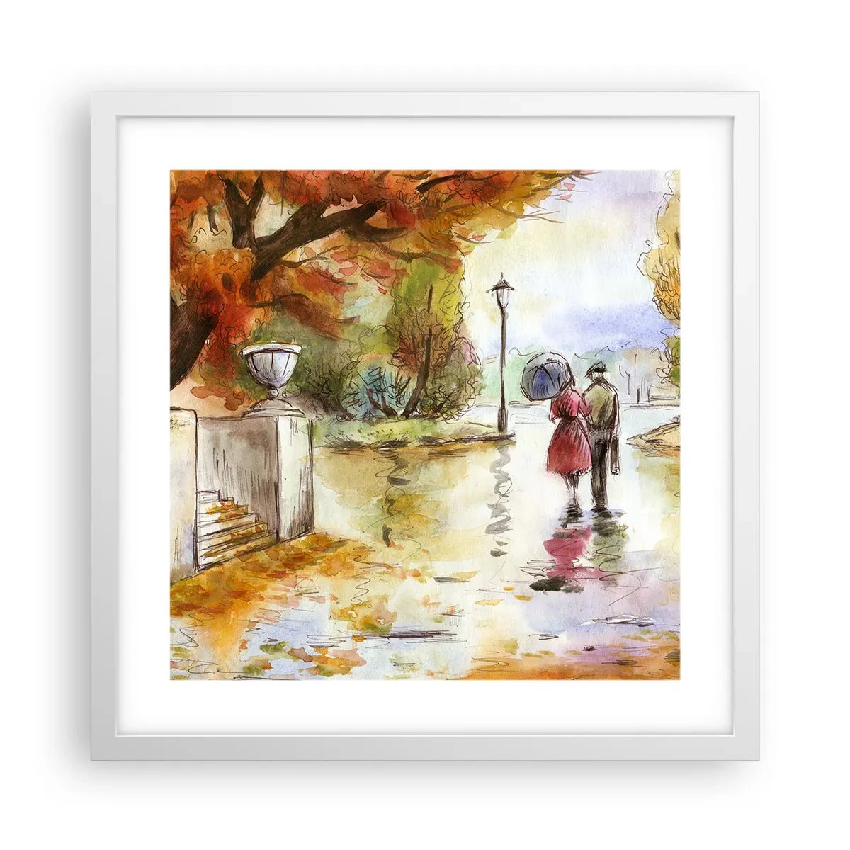Poster în ramă albă - Toamnă romantică în parc - 40x40 cm