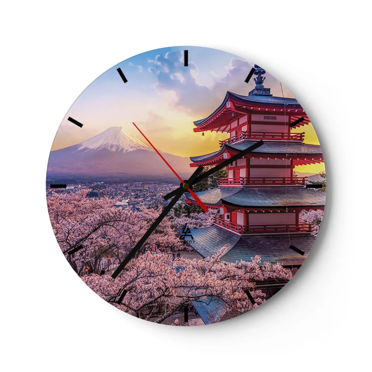 Ceas de perete - Ceas pe sticlă - O pagodă printre flori de cireș, cu Muntele Fuji în fundal - 30x30cm - Esența spiritului japonez - Decorațiune modernă pentru perete pentru living, bucătărie și dormitor ARTTOR