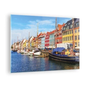 Tablou pe sticlă - Case colorate pe canal în Copenhaga - 70x50cm - Portul vesel - Decorațiune modernă pentru perete pentru living și dormitor ARTTOR
