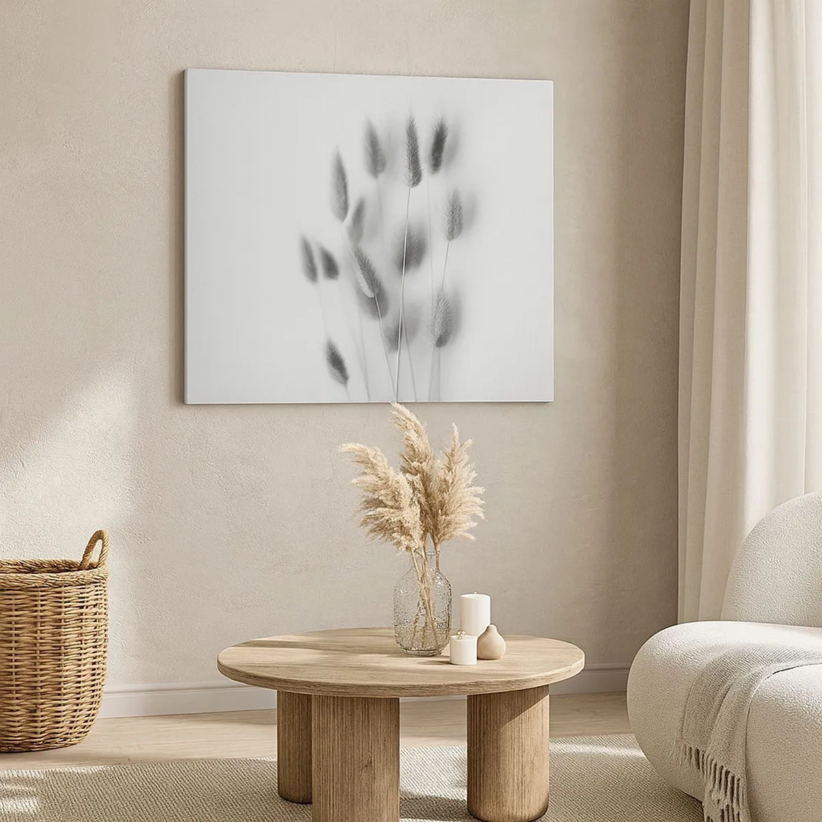 Tablou pe pânză Canvas - Ierburi delicate în nuanțe de gri pe fundal alb - 70x50cm - Pufoșenia ierbii - Decorațiune modernă pentru perete pentru living și dormitor ARTTOR