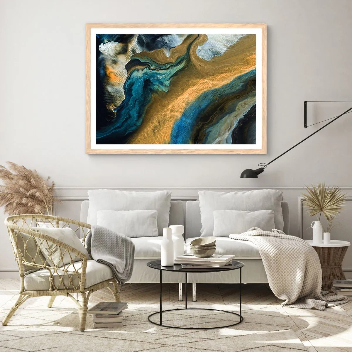 Poster în ramă de stejar deschis - Albastru - galben - influență reciprocă - 50x40 cm