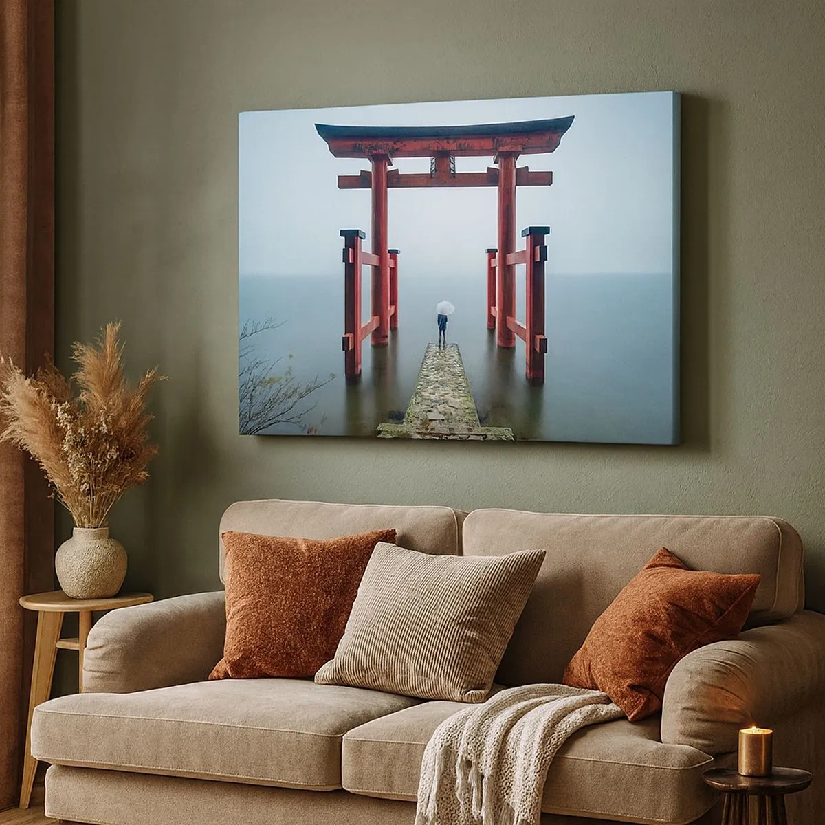 Tablou pe pânză Canvas - O poartă torii cu vedere la un lac liniștit din Japonia - 70x50cm - Reverie japoneză - Decorațiune modernă pentru perete pentru living și dormitor ARTTOR
