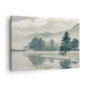 Tablou pe pânză Canvas - Un lac pitoresc cu o bancă și ceață în fundal - 70x50cm - Lacul încă doarme - Decorațiune modernă pentru perete pentru living și dormitor ARTTOR
