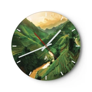 Ceas de perete - Ceas pe sticlă - Terase de orez printre munți la apus - 30x30cm - Valea vietnameză - Decorațiune modernă pentru perete pentru living, bucătărie și dormitor ARTTOR