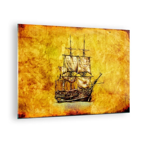 Tablou pe sticlă - O navă cu pânze istorică pe fundalul unui pergament stilizat - 70x50cm - Ne îndreptăm spre Tortuga! - Decorațiune modernă pentru perete pentru living și dormitor ARTTOR