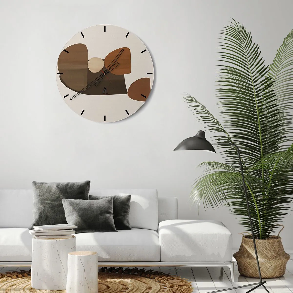 Ceas de perete - Ceas pe sticlă - Forme abstracte în nuanțe de maro pe un fundal bej - 30x30cm - Compoziție în bronz - Decorațiune modernă pentru perete pentru living, bucătărie și dormitor ARTTOR