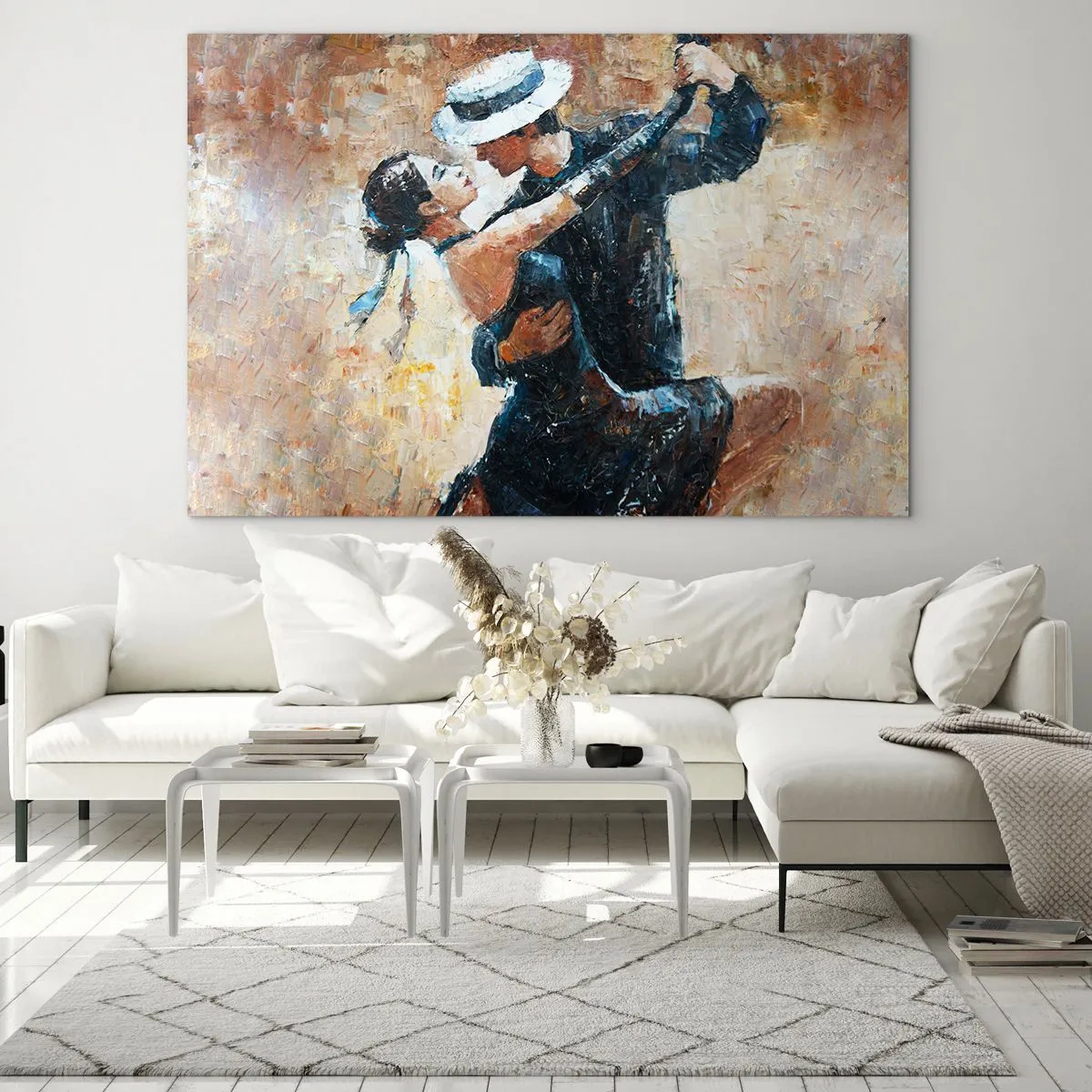 Tablou pe sticlă - Un cuplu dansând într-un stil elegant, cu o notă clasică - 70x50cm - A la Rudolf Valentino - Decorațiune modernă pentru perete pentru living și dormitor ARTTOR