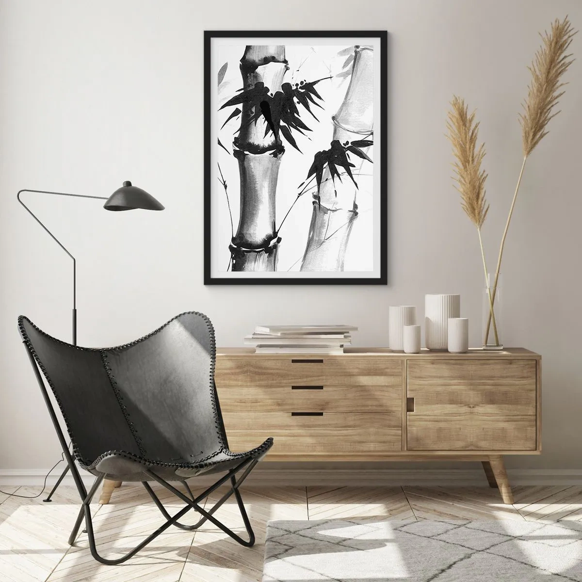 Poster în ramă neagră - Tulpini și frunze de bambus în stil alb-negru - 50x70cm - Primul-plan al Orientului - Decorațiune modernă pentru perete pentru living și dormitor ARTTOR