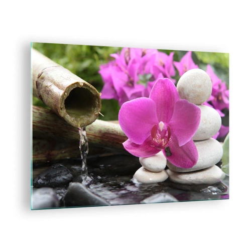 Tablou pe sticlă - Cascadă de orhidee violetă, pietre și bambus - 70x50cm - Te odihnești deja - Decorațiune modernă pentru perete pentru living și dormitor ARTTOR
