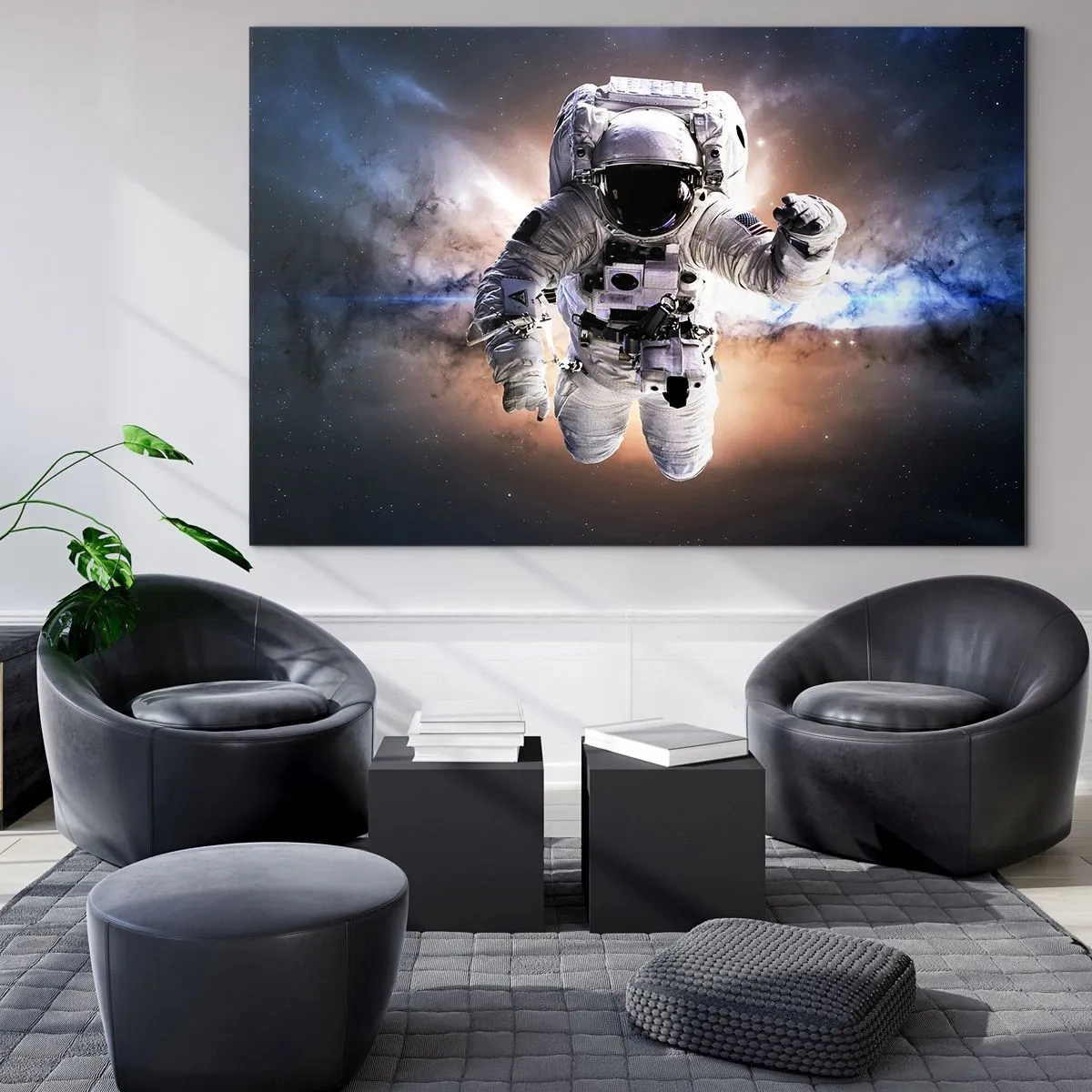 Tablou pe sticlă - Astronautul în spațiu cu o galaxie în fundal - 70x50cm - Salutări din spațiul cosmic - Decorațiune modernă pentru perete pentru living și dormitor ARTTOR