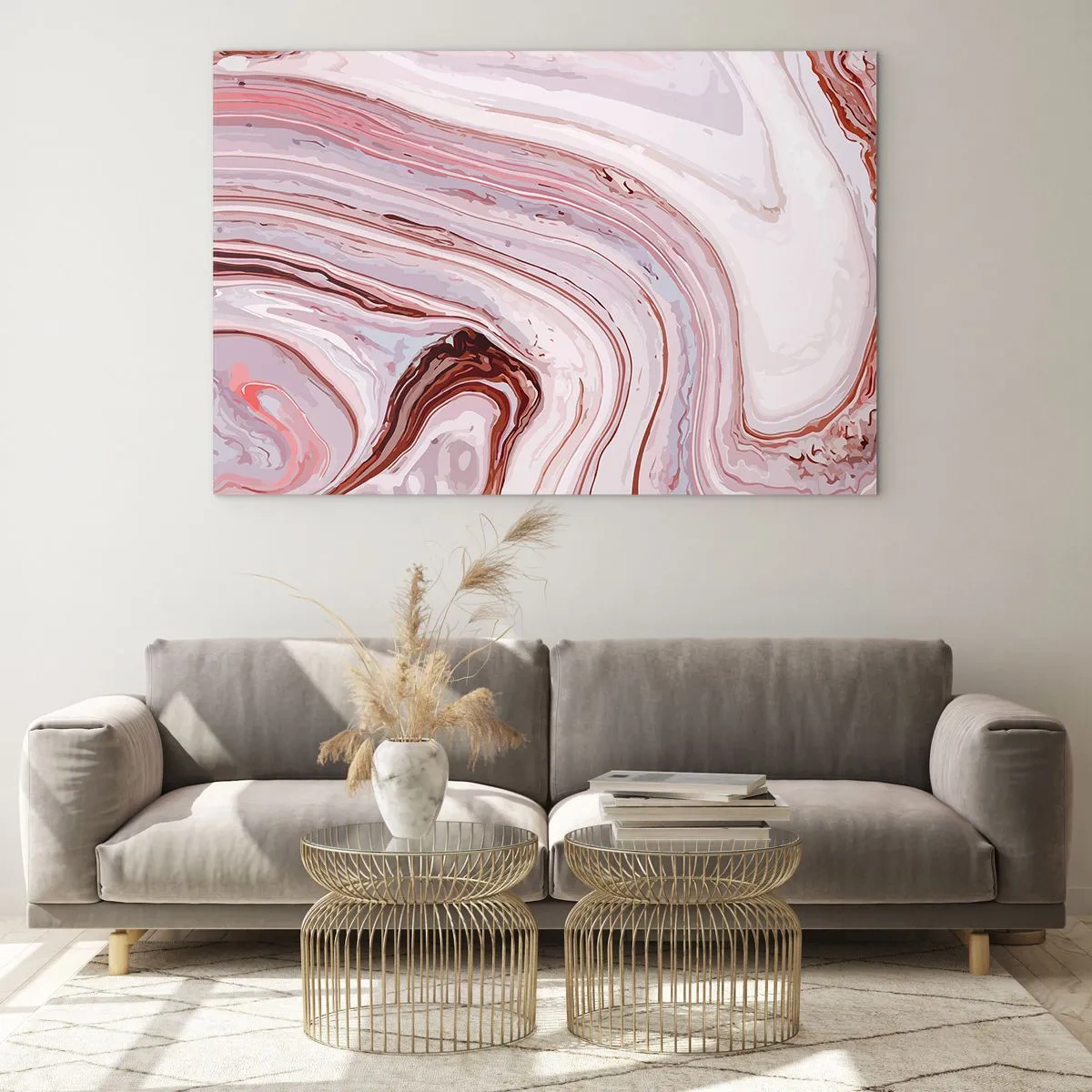 Tablou pe sticlă - Model de marmură în nuanțe de roz și maro - 70x50cm - Drept înainte, apoi dreapta jos - Decorațiune modernă pentru perete pentru living și dormitor ARTTOR