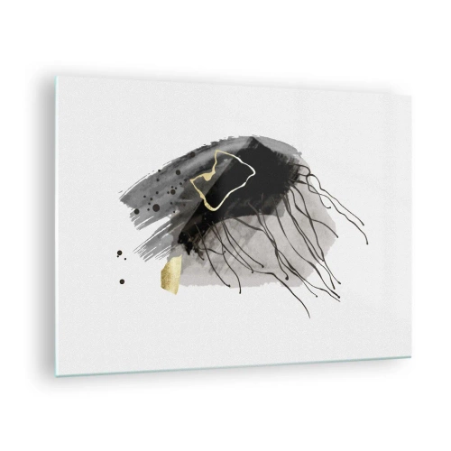 Tablou pe sticlă - Compoziție abstractă de negru și auriu pe fundal alb - 70x50cm - Negru și aur - Decorațiune modernă pentru perete pentru living și dormitor ARTTOR