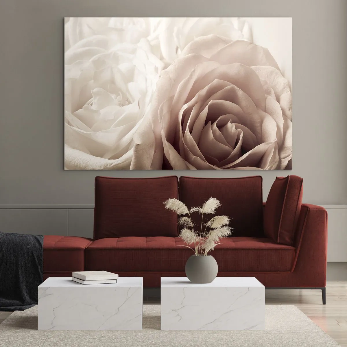 Tablou pe sticlă - Trandafiri delicați și ușori într-un prim-plan romantic - 70x50cm - În inima unui trandafir - Decorațiune modernă pentru perete pentru living și dormitor ARTTOR