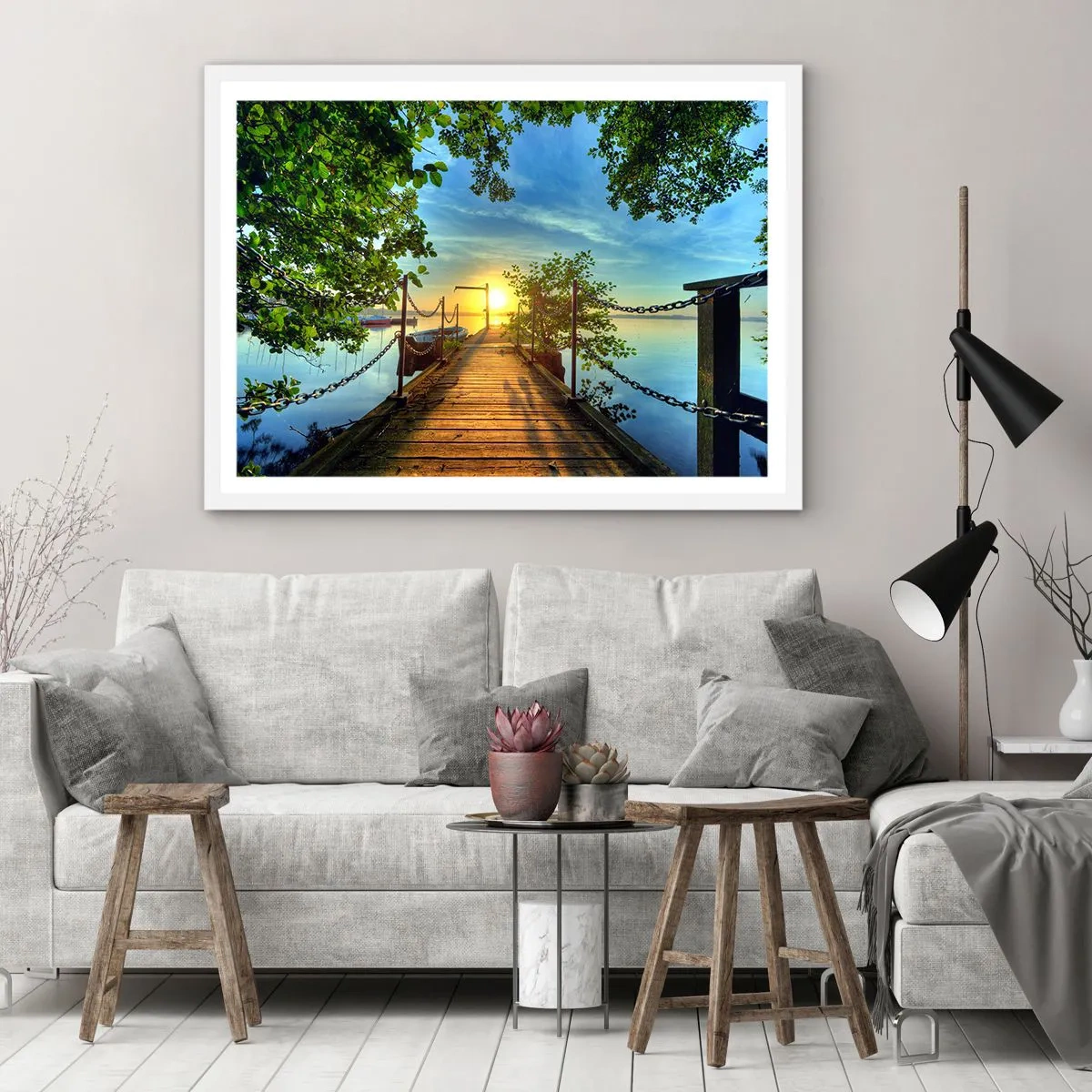 Poster în ramă albă - Apusul la malul apei - 70x50 cm