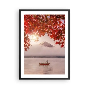 Poster în ramă neagră - Muntele Fuji cu o barcă pe un lac și frunze de toamnă - 50x70cm - În stil japonez - Decorațiune modernă pentru perete pentru living și dormitor ARTTOR