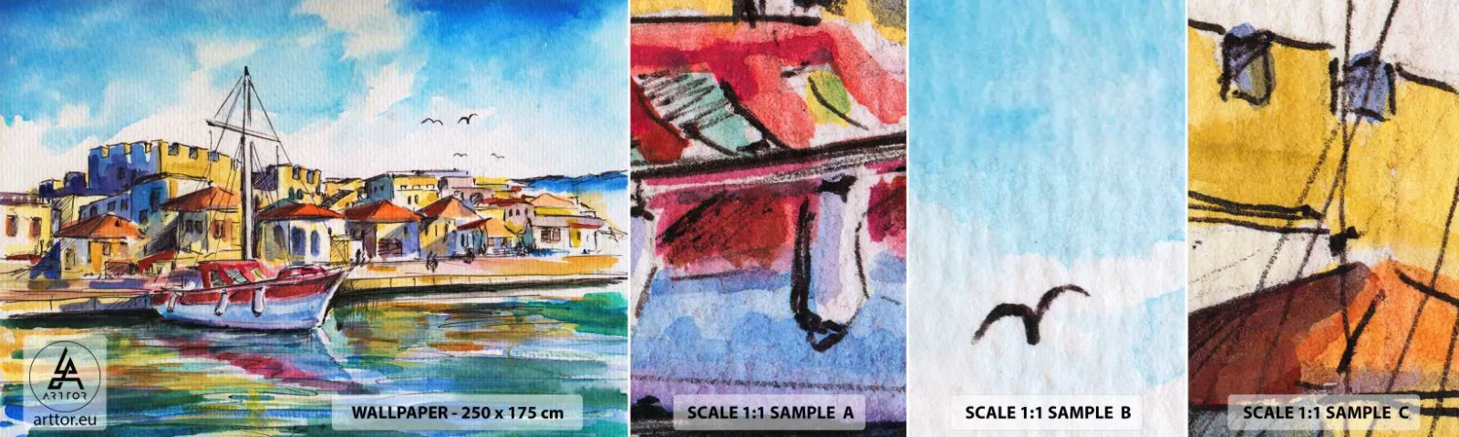 Mostră tapet autocolant Deluxe Sticker - Curcubeu după-amiază - Port, Iaht, Litoral - 100x30 cm