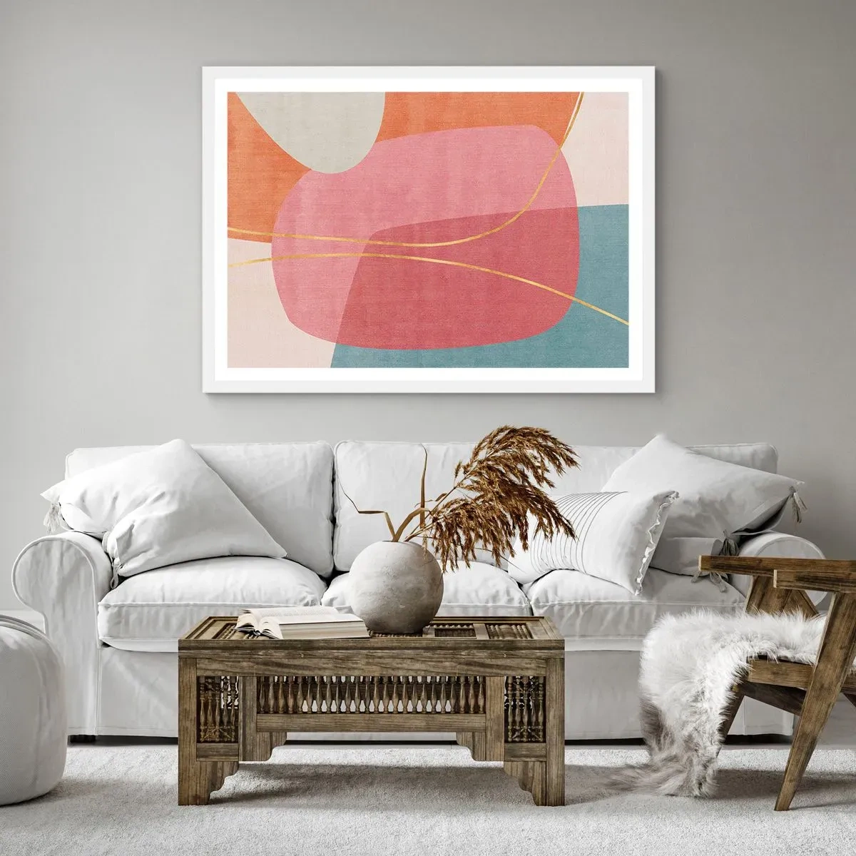 Poster în ramă albă - Compoziție pastel cu fir de aur - 100x70 cm